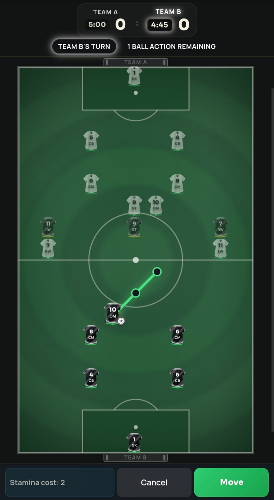Phone view of a FutChess movement preview showing a two-square path and stamina cost of two