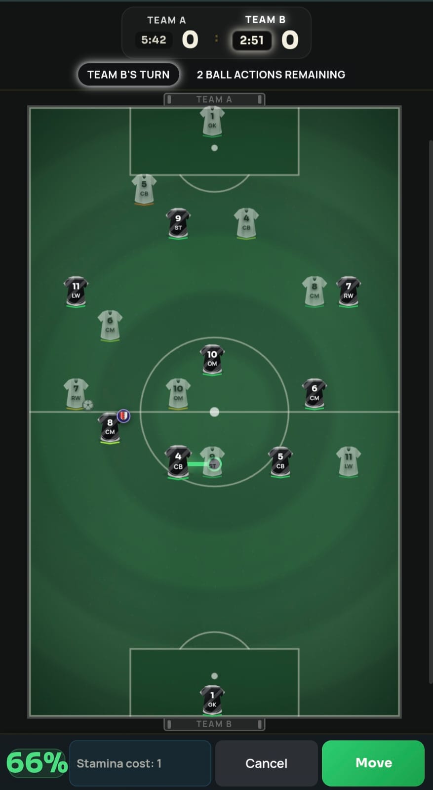 Phone view of a FutChess off-ball push preview showing a 66 percent success chance and stamina cost of one